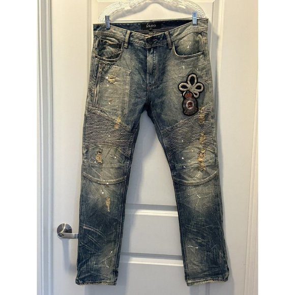 AKOO Mens Jeans  Slim Fit Blue‎ Denim Distressed Trust Nothing Patch  34W x 32L - Picture 1 of 9